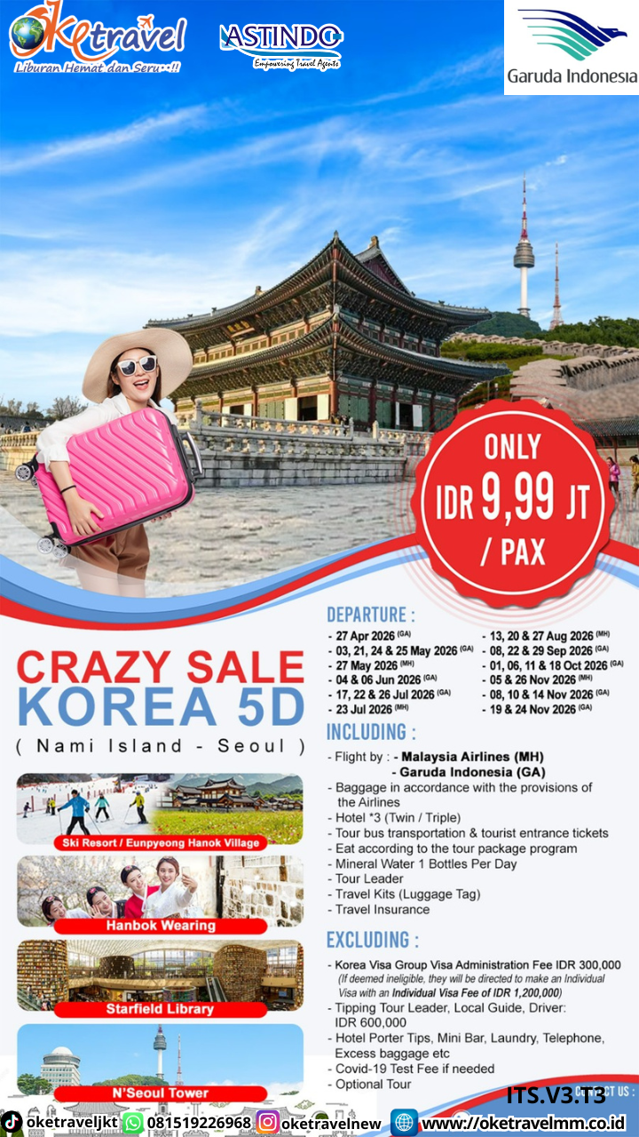 5D CRAZY SALE KOREA | DEPT : 27 APRIL | DEPT : 03,21,24,25,27 MEI | DEPT : 04,06 JUNI | DEPT : 17,22,26,23 JULI | DEPT : 13,20,27 AUG | DEPT : 08,22,29 SEPT | DEPT : 01,06,11,18 OCT | DEPT : 05,08,10,14,19,24,26 NOV 2026 | BY GA 