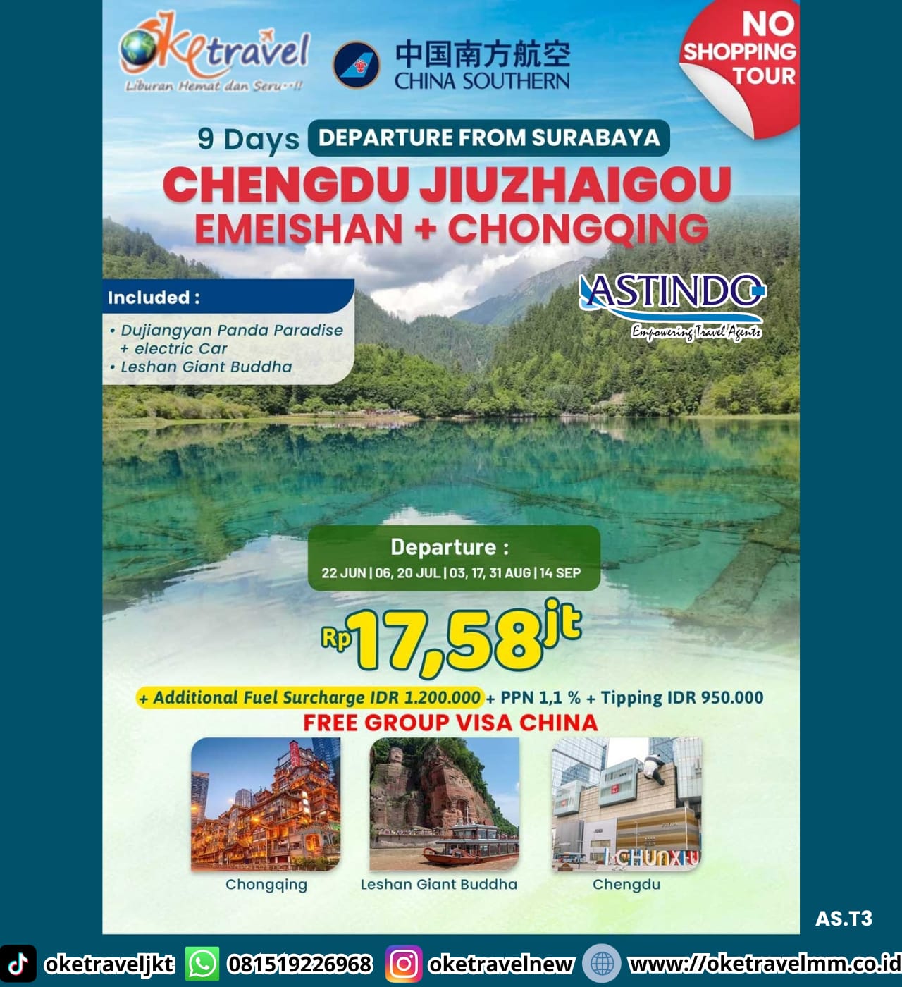9D CHENGDU JIUZHAIGOU EMEISHAN + CHONGQING FROM SURABAYA | DEPT : 22 JUNI | DEPT : 06,20 JULI | DEPT : 03,17,31 AUG | DEPT : 14 SEPT 2026 | BY CZ 