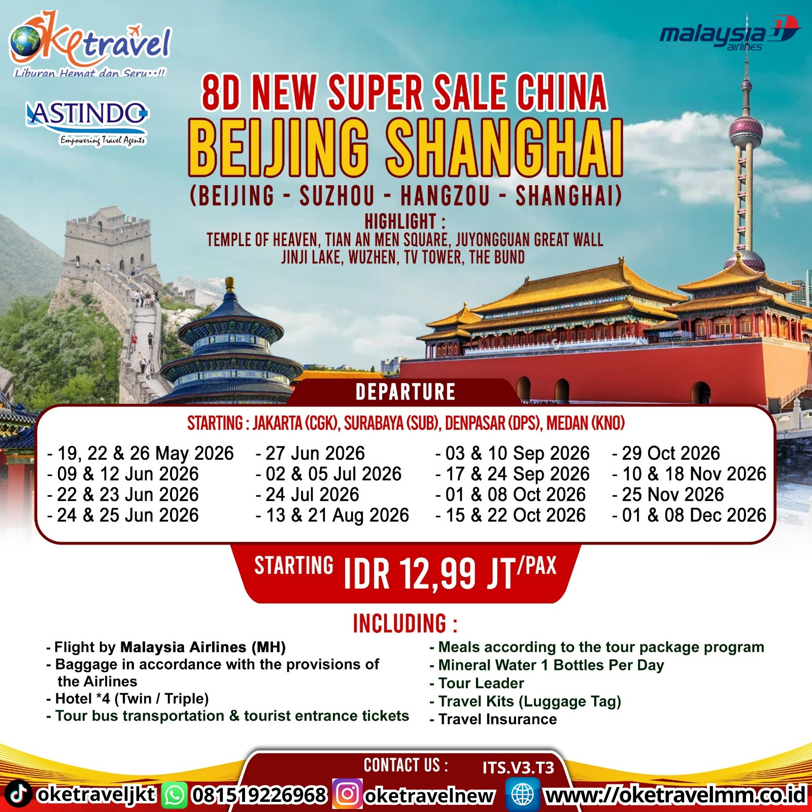 8D NEW SUPER SALE CHINA BEIJING - SHANGHAI - SUZHOU - HANGZOU START JAKARTA | DEPT : 19.22,26 MEI | DEPT : 09,12,22,23,24,25,27 JUNI | DEPT : 02,05,24 JULI | DEPT : 13,21 AUG | DEPT : 03,10,17,24 SEP | DEPT : 01,08,15,22,29 OCT | DEPT : 10,18,25 NOV | DEPT : 01,08 DES 2026 | BY MH 