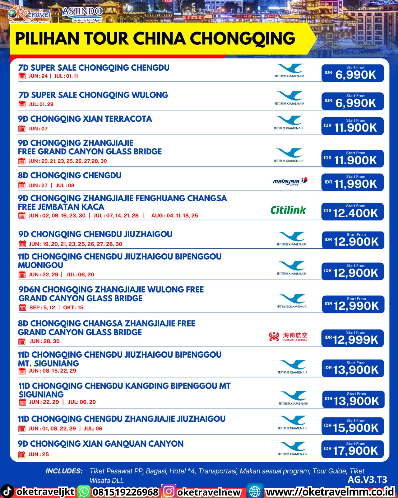 9D7N CHONGQING ZHANGJIAJIE FENGHUANG CHANGSA FREE JEMBATAN KACA | DEPT : 02,09,16,23,30 JUNI | DEPT : 07,14,21,28 JULI | DEPT : 04,11,18,25 AUG 2026 | BY QG