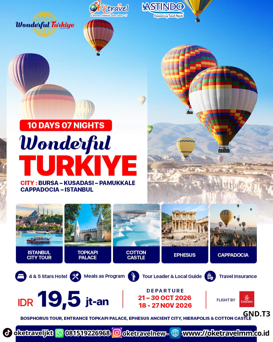 10D7N WONDERFUL TURKIYE | DEPT : 21-30 0CT | DEPT : 18-27 NOV 2026 | BY EK 