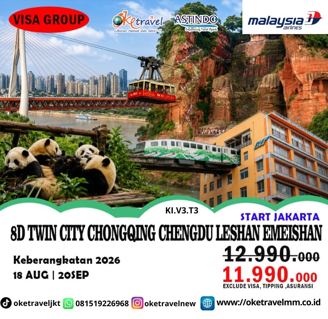 8D TWIN CITY CHONGQING CHENGDU LESHAN EMEISHAN |  DEP : 20 SEP 2026 | BY MH