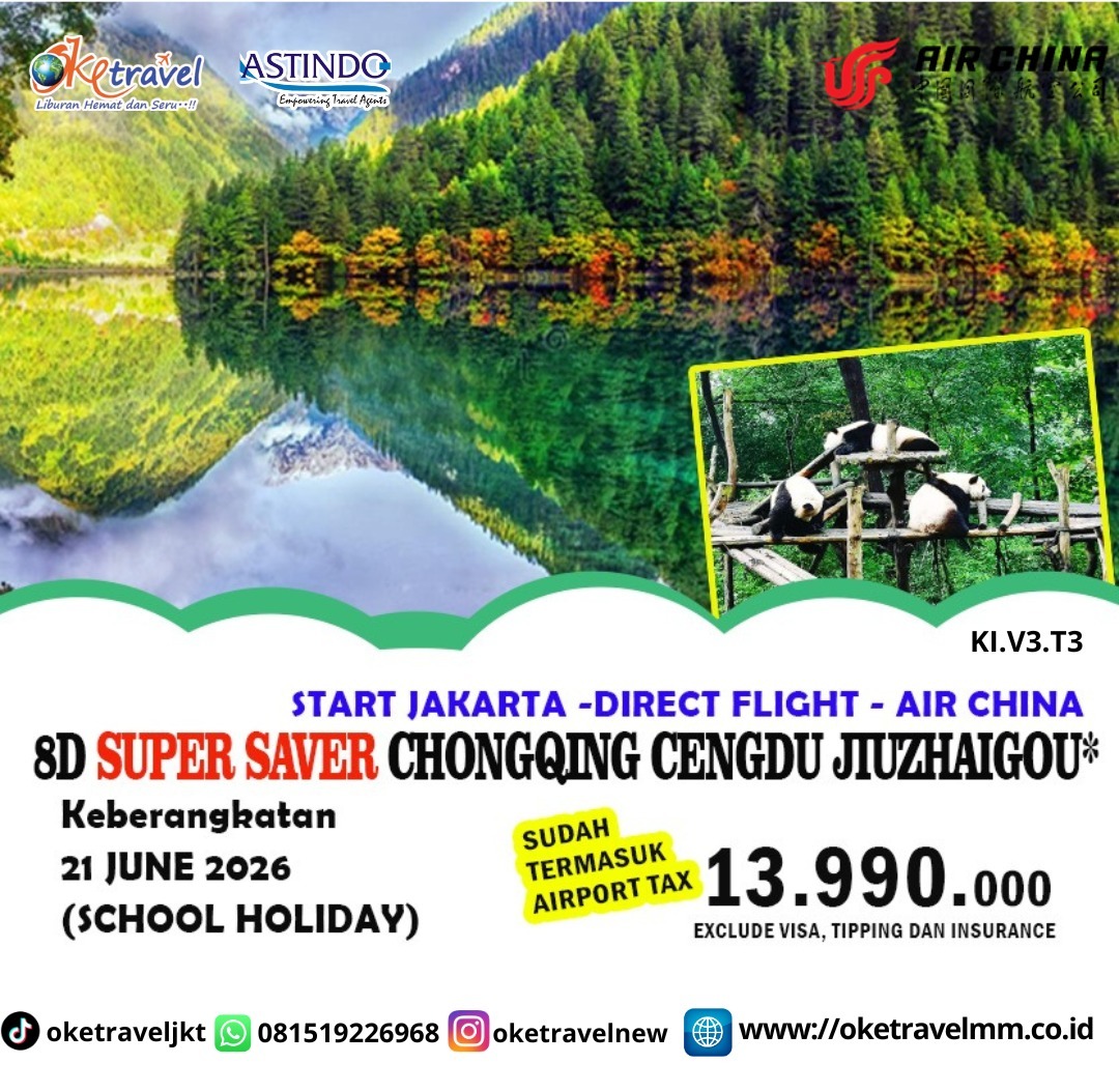 SUPER SAVER 8D CHONGQING CHENGDU JIUZHAIGOU | DEP : 21 JUN 2026 | BY CA