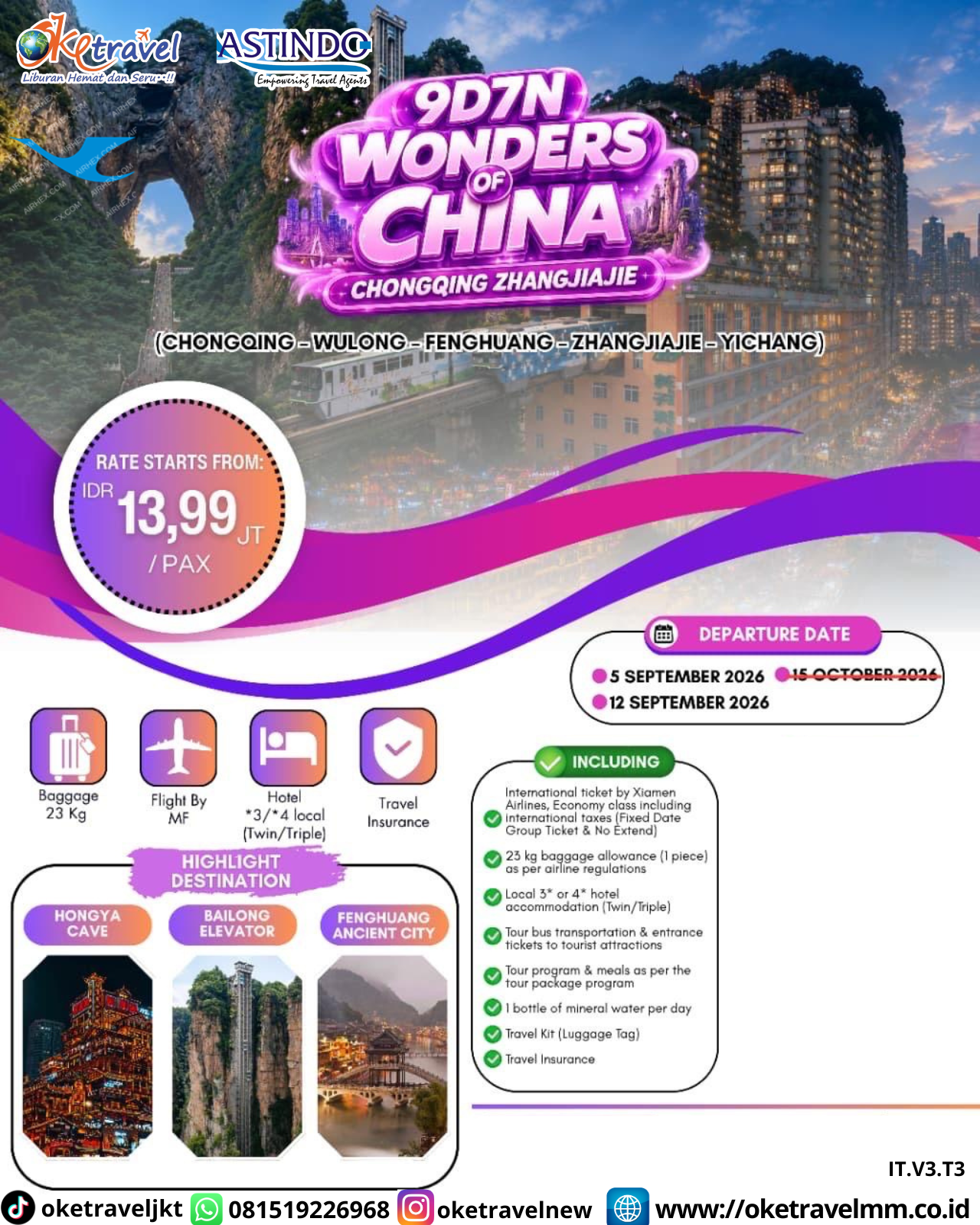 9D7N WONDERS OF CHINA CHONGQING ZHANGJIAJIE | DEPT : 05,12 SEPT 2026 | BY MF 