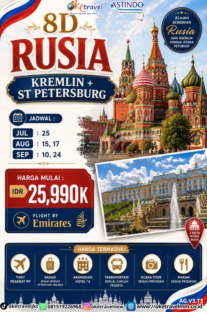 8D RUSIA KREMLIN + ST PETERSBURG | DEPT : 25 JULI | DEPT : 15,17 AUG | DEPT : 10,24 SEP 2026 | BY EK