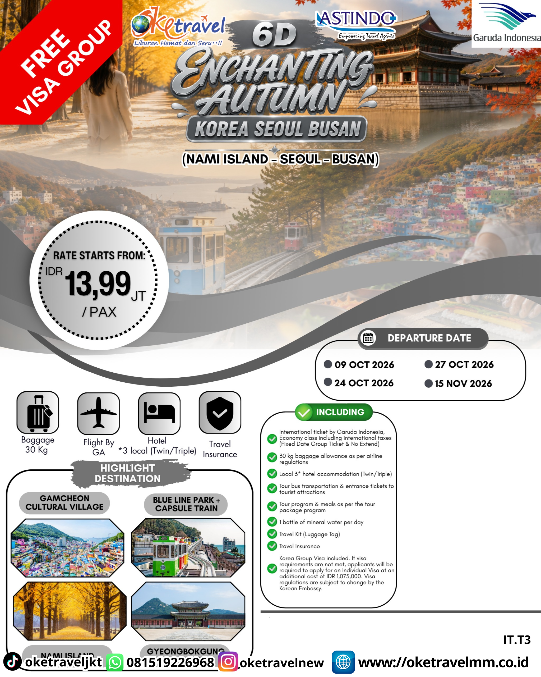 6D ENCHANTING AUTUMN KOREA SEOUL BUSAN | DEPT : 09,24,27 OCT | DEPT : 15 NOV 2026 | BY GA 