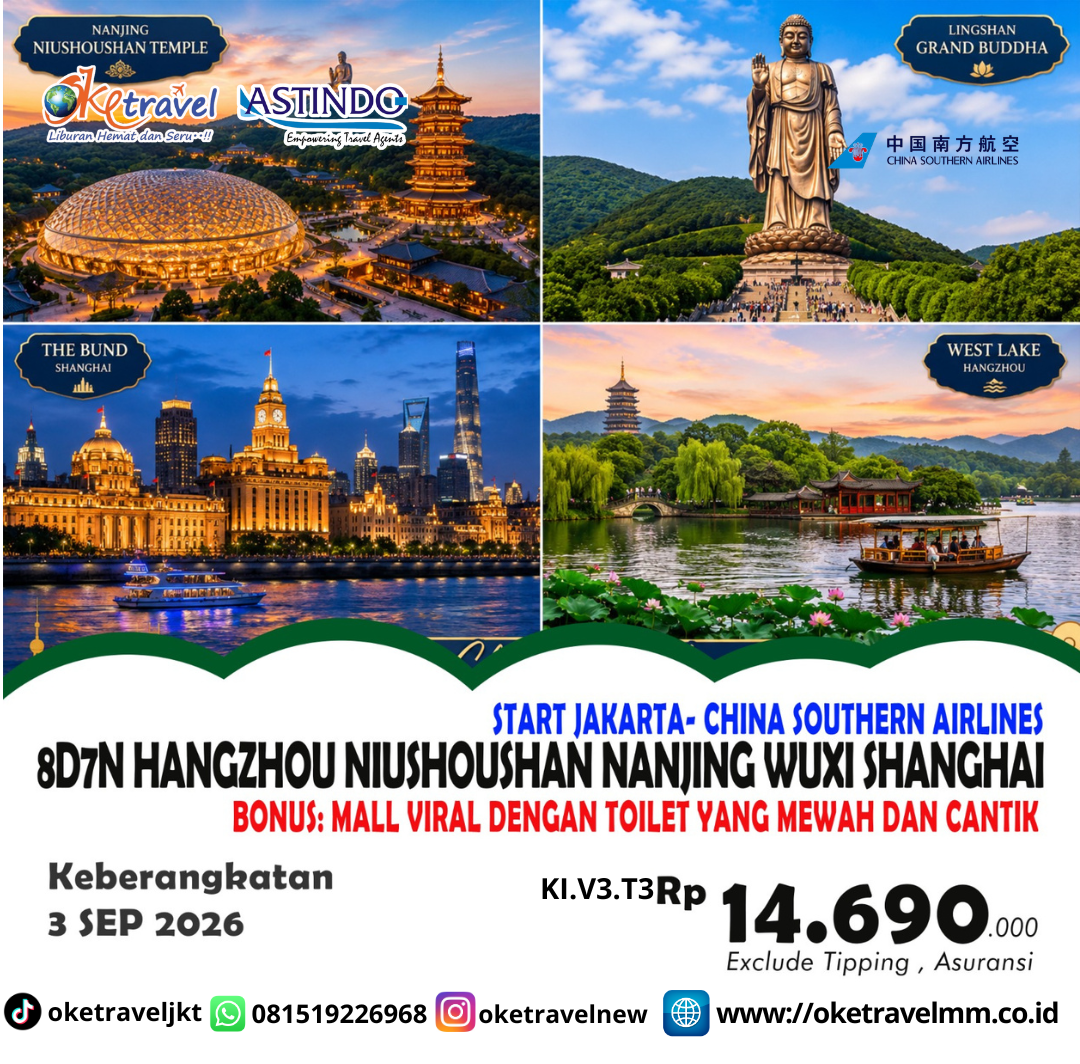 8D7N HANGZHOU NIUSHOUSHAN NANJING WUXI SHANGHAI | DEP : 03 SEP 2026 | BY CZ