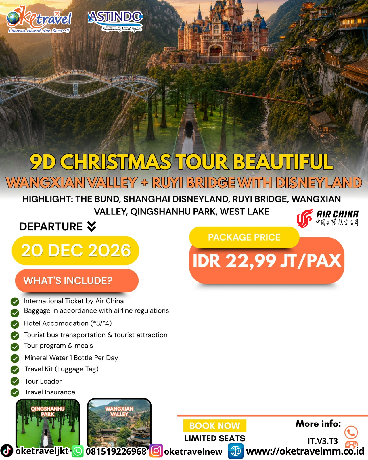 9D CHRISTMAS TOUR BEAUTIFUL WANGXIAN VALLEY + RUYI BRIDGE WITH DISNEYLAND | DEPT : 20 DES 2026 | BY CA