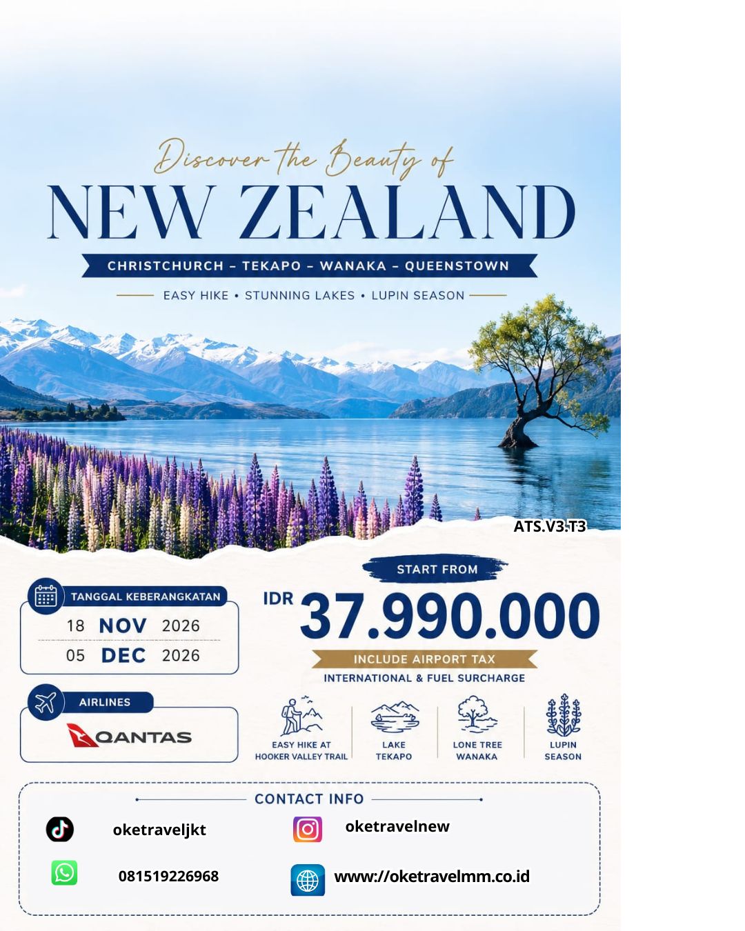 7 HARI- THE BEAUTY OF SOUTH NEW ZEALAND | NOV 2026: 18 | DEC 2026: 05 | BY: QF AIRLINES