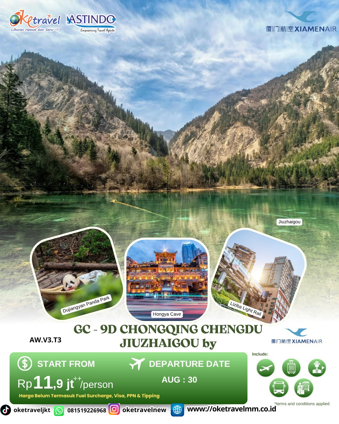 9D CHONGQING CHENGDU JIUZHAIGOU | DEP : 30 AUG 2026 | BY MF