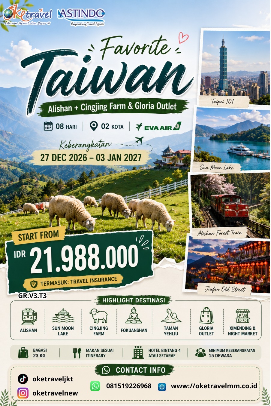 8D FAVORITE TAIWAN ALISHAN + CINGJING FARM & GLORIA OUTLET | DEP : 27 DEC 2026 - 03 JAN 2027 | BY BR 