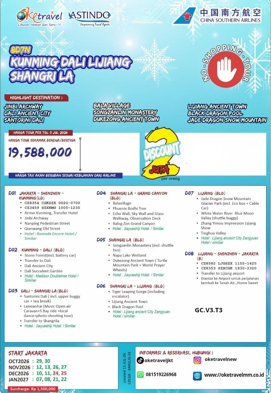 8D7N KUNMING DALI LIJIANG SHANGRILA | DEP : 29,30 OCT | 12,13,26,27 NOV 2026 | BY CZ