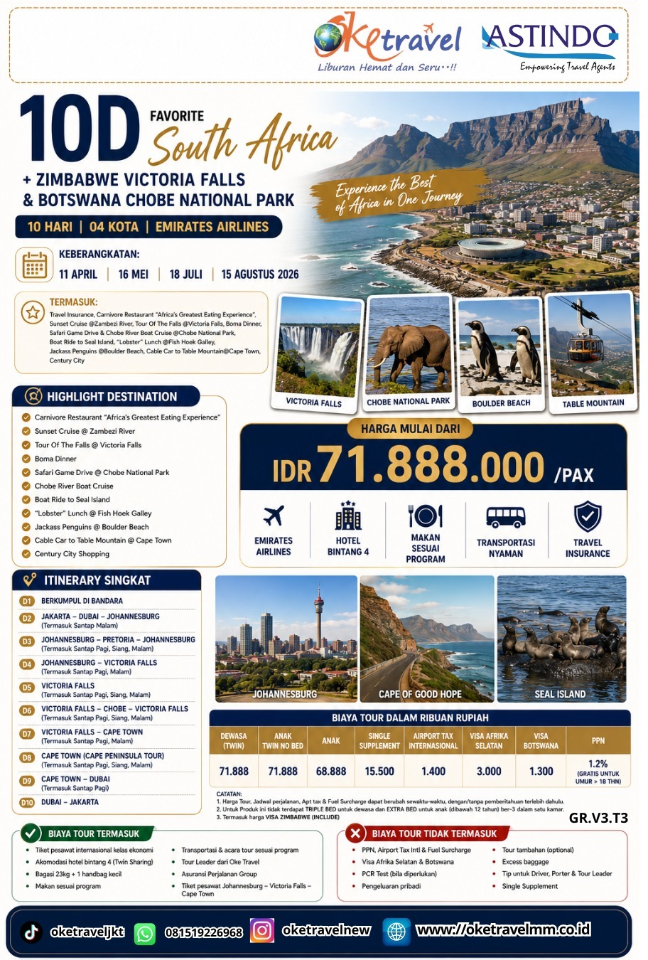 10D AFRICA SOUTH + SIMBABWE VICTORIA FALLS & BOTSWANA CHOBE NATIONAL PARK | DEPT : 18 JULI | DEPT : 15 AGUSTUS 2926 | BY EK