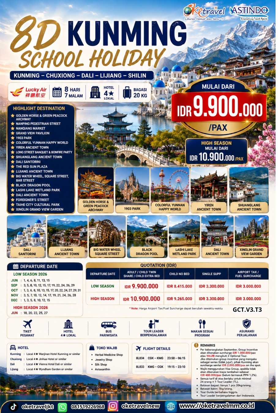 8D KUNMING SCHOOL HOLIDAY | DEP: 3,5,8,10,12,15,17,19,22,24,26,29 SEP | 1,3,6,8,10,13,15,17,20,22,24,27,29,30 OCT | 3,5,7,10,12,14,17,19,21,24,26,28 NOV | 1, 3, 5, 8, 10, 12, 15, DEC | BY 8L