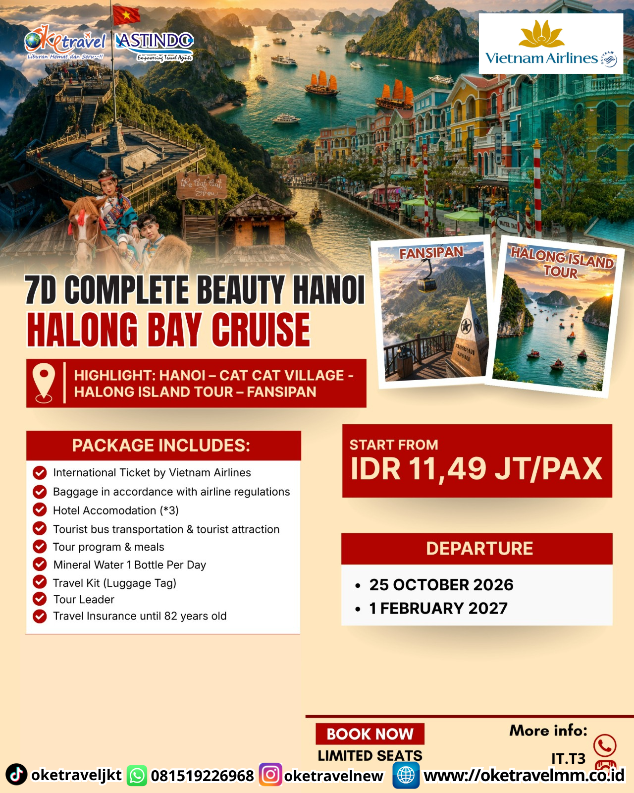 7D COMPLETE BEAUTY HANOI HALONG BAY CRUISE | DEPT : 25 OKTOBER 2026 | DEPT : 01 FEBRUARI 2027 | BY VN