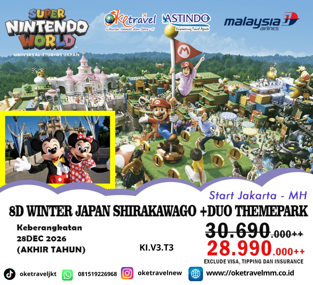 8D JAPAN WINTER SHIRAKAWAGO DUO THEMPARK (UNIVERSAL STUDIO + DISNEYLAND) | DEP : 28 DEC 2026 | BY MH