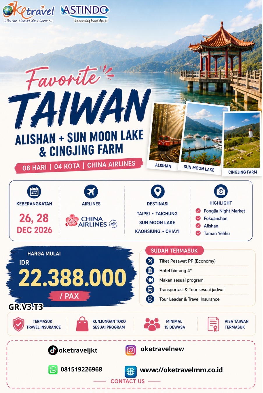 8D FAVORITE TAIWAN ALISHAN + SUN MOON LAKE & CINGJING FARM | DEP: 26,28 DEC 2026 | BY CI