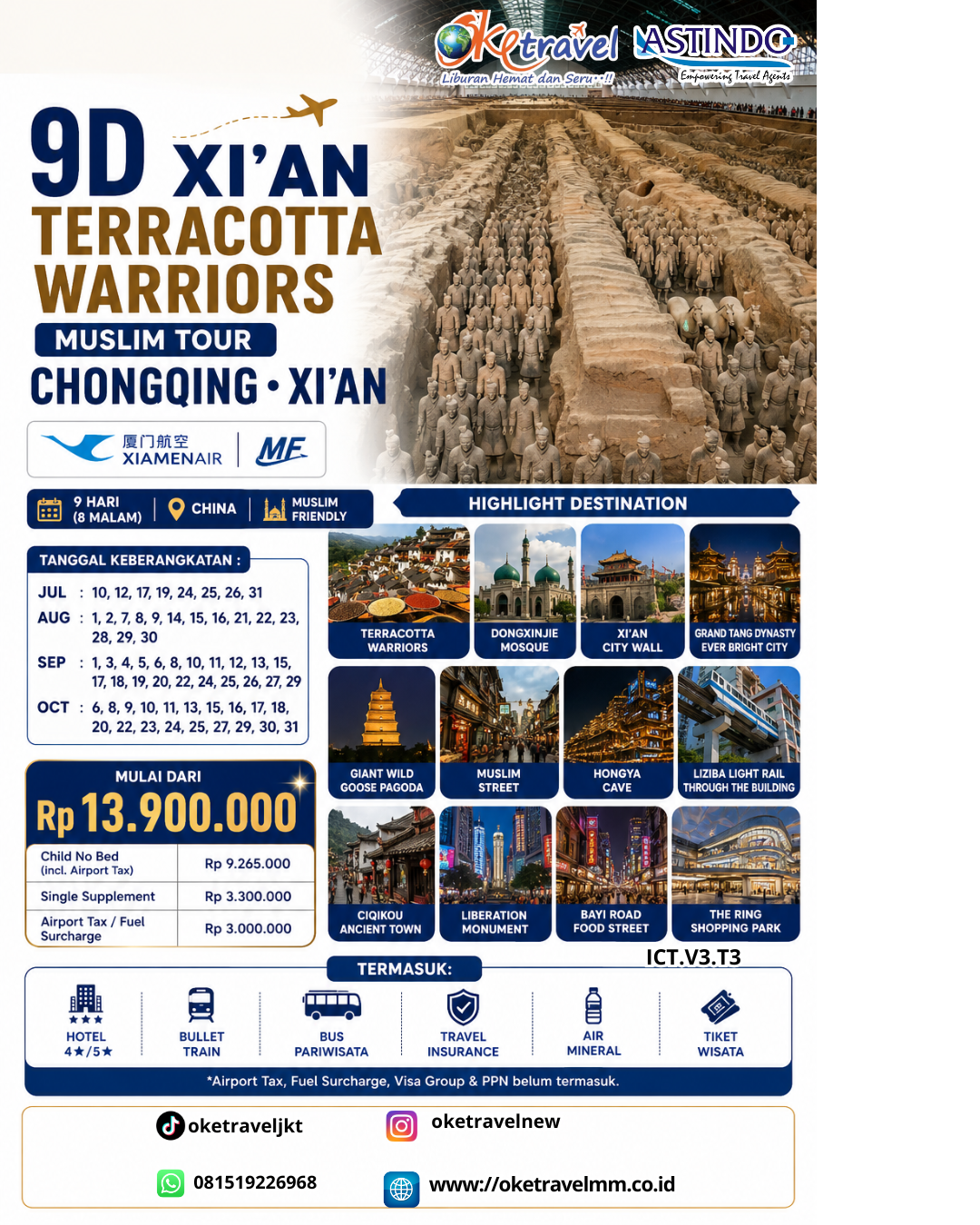 9D XIAN TERRACOTA WARRIORS - CHONGQING - XIAN | DEPT : 10,12,17,19,24,25,26,31 JULI | DEPT : 01,02,07,08,09,14,15,16,21,22,23,28,29,30 AGUSTUS | DEPT : 01,03,04,05,06,08,10,11,12,13,15,17,18,19,20,22,24,25,26,27,29 SEPTEMBER | DEPT : 06,08,09,10,11,13,15,16,17,18,20,22,23,24,25,27,29,30,31 OKTOBER 2026 | BY MF