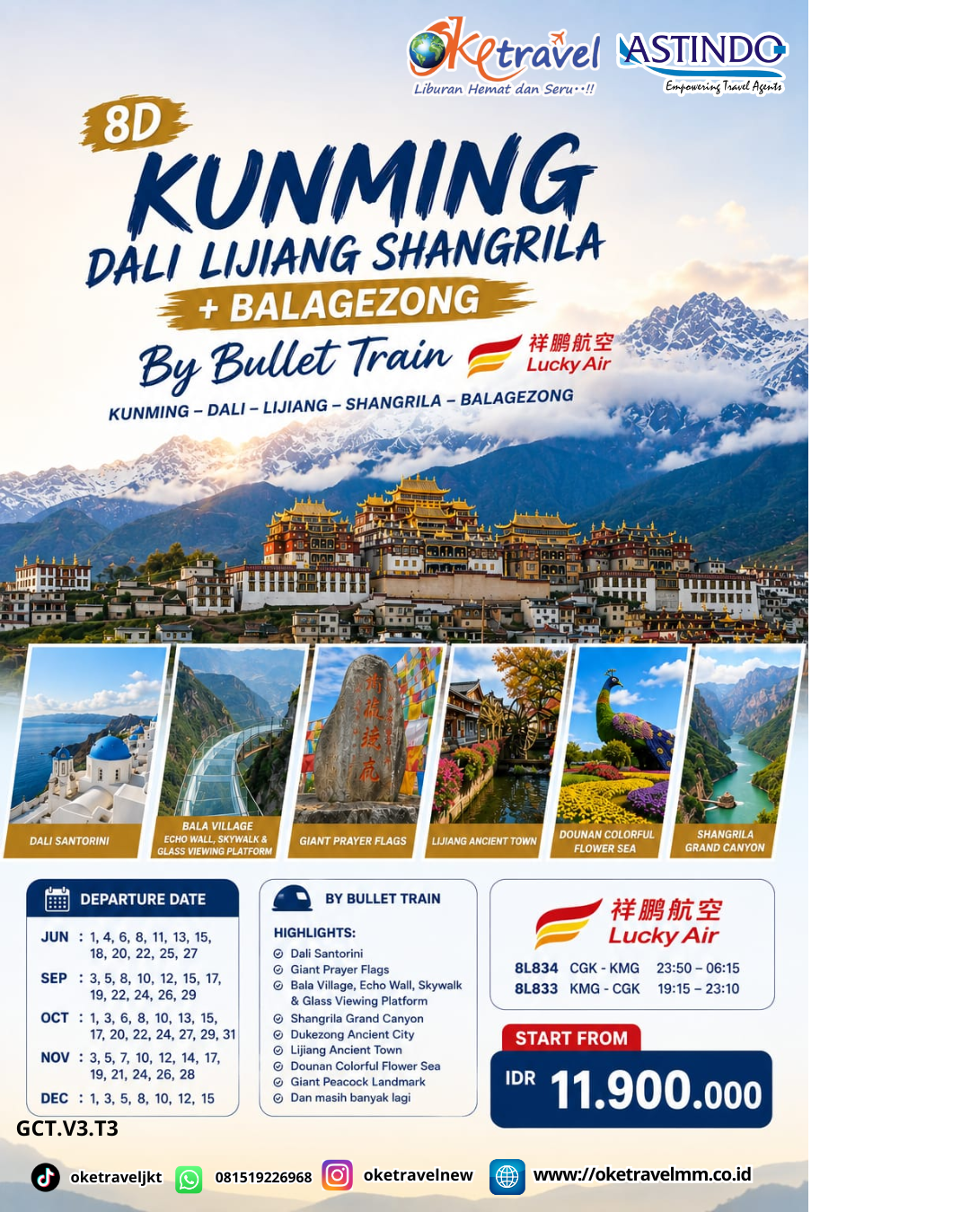 8D KUNMING DALI LIJIANG SHANGRILA+BALAGEZONG BY BULLET TRAIN | DEPT: 03,05,08,10,12,15,17,19,22,24,26,29 SEPTEMBER | DEPT: 01,03,06,08,10,13,15,17,20,22,24,27,29,31 OKTOBER | DEPT: 03,05,07,10,12,14,17,19,21,24,26,28 NOVEMBER | DEPT: 01,03,05,08,10,12,15 DESEMBER | BY 8L