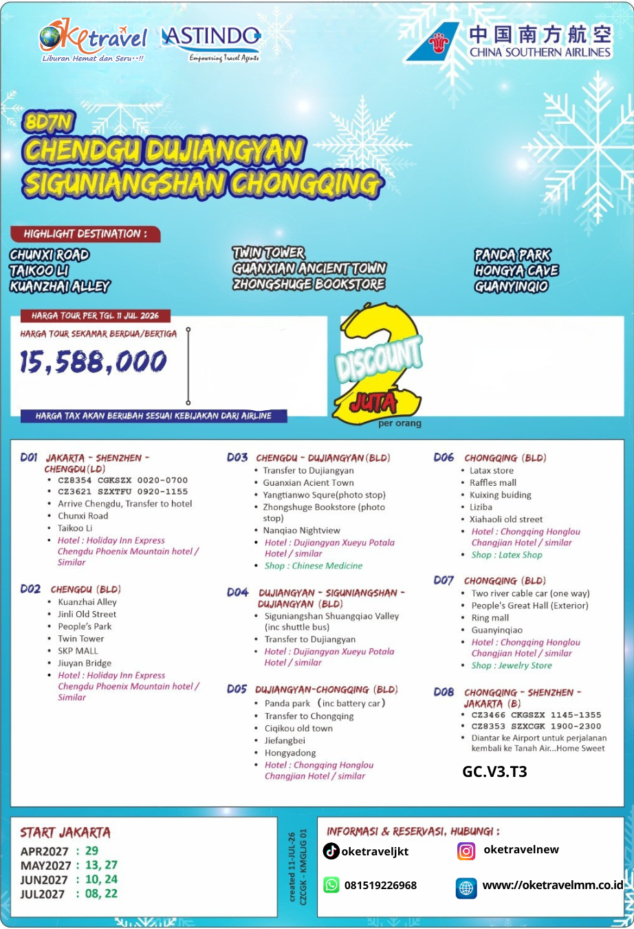 8D7N CHENGDU DUJIANGYAN SIGUNIANGSHAN CHONGQING | DEP: 29 APR| 13,27 MEI | 10,24 JUN | 08,22 JUL 2027| BY CZ