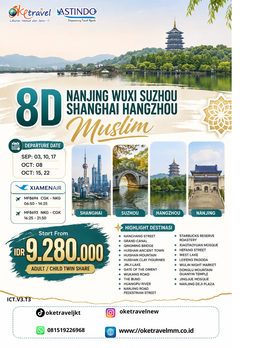 8D NANJING WUXI SUZHOU SHANGHAI HANGZHOU MUSLIM | DEP: 03,10,17, SEPTEMBER | DEP: 08,15,22 OKTOBER | BY MF