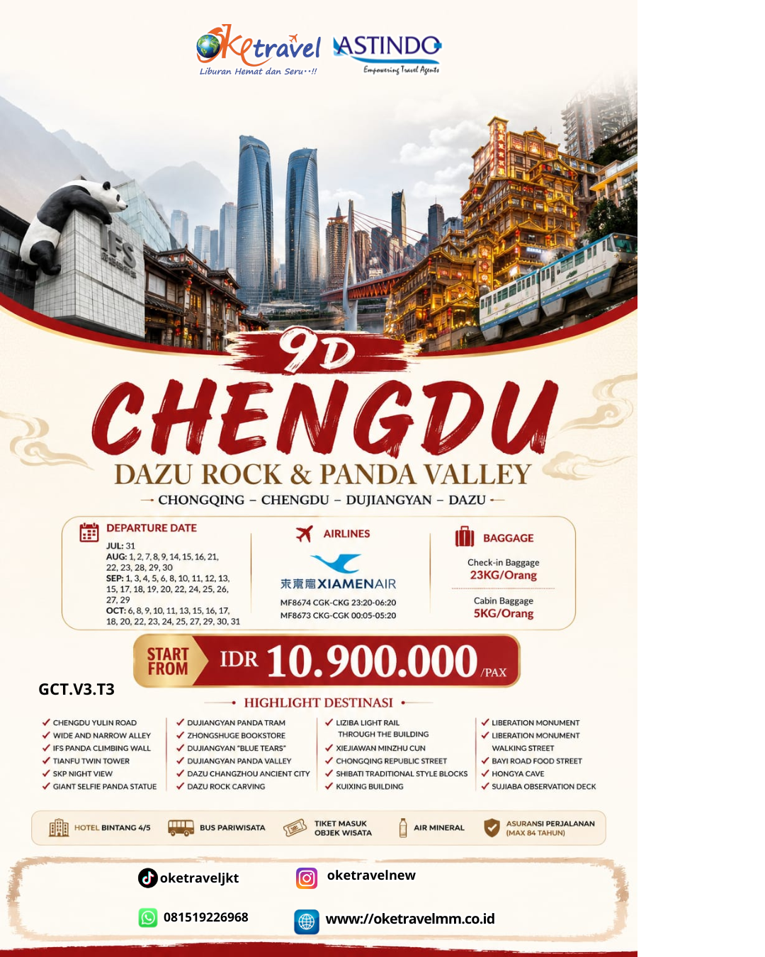 9D CHENGDU DAZU ROCK&PANDA VALLEY | DEP: 31 JULI | DEP: 01,02,07,08,09,14,15,16,21,22,23,28,29,30 AGUSTUS | DEP: 01,03,04,05,06,08,10,11,12,13,15,17,18,19,20,22,24,25,26,27,29 SEPTEMBER | DEP: 06,08,09,10,11,13,15,16,17,18,20,22,23,24,25,27,29,30,31 OKTOBER 2026 | BY MF