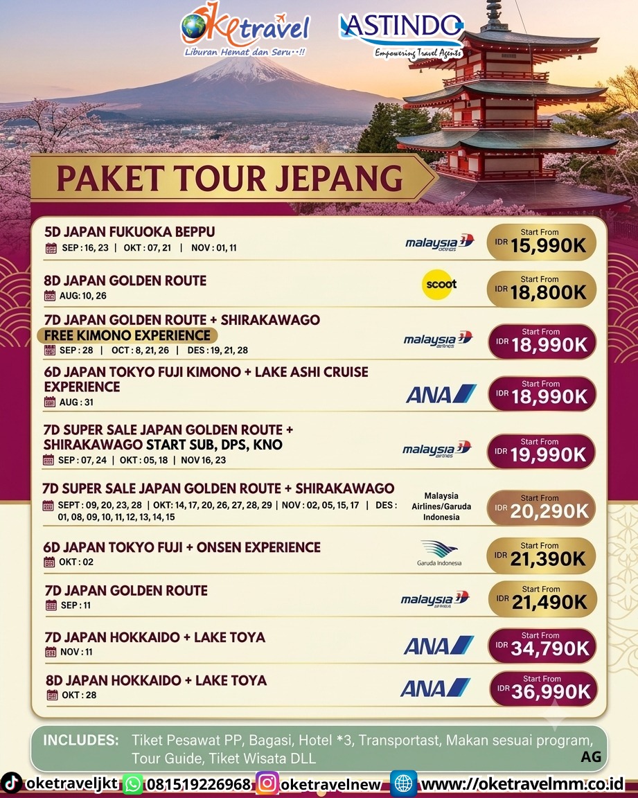 7D SUPER SALE JAPAN GOLDEN ROUTE + SHIRAKAWAGO START CGK, SUB, DPS, KN0 | DEPT : 07,24 SEPT | DEPT : 05,18 OKT | DEPT : 16,23 NOV 2026 | BY MH