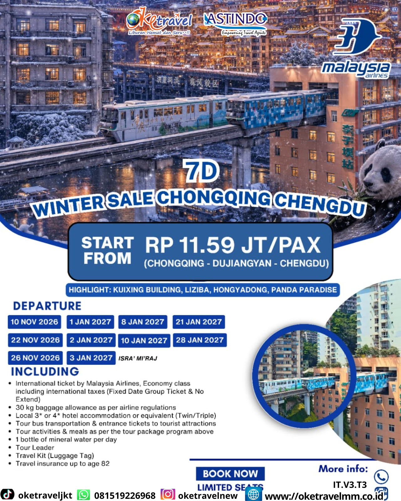 7D WINTER ASLE CHONGQING CHENGDU | DEPT : 10,22,26 NOV 2026| DEPT : 01,02,03,08,10,21,28 JAN 2027 | BY MH