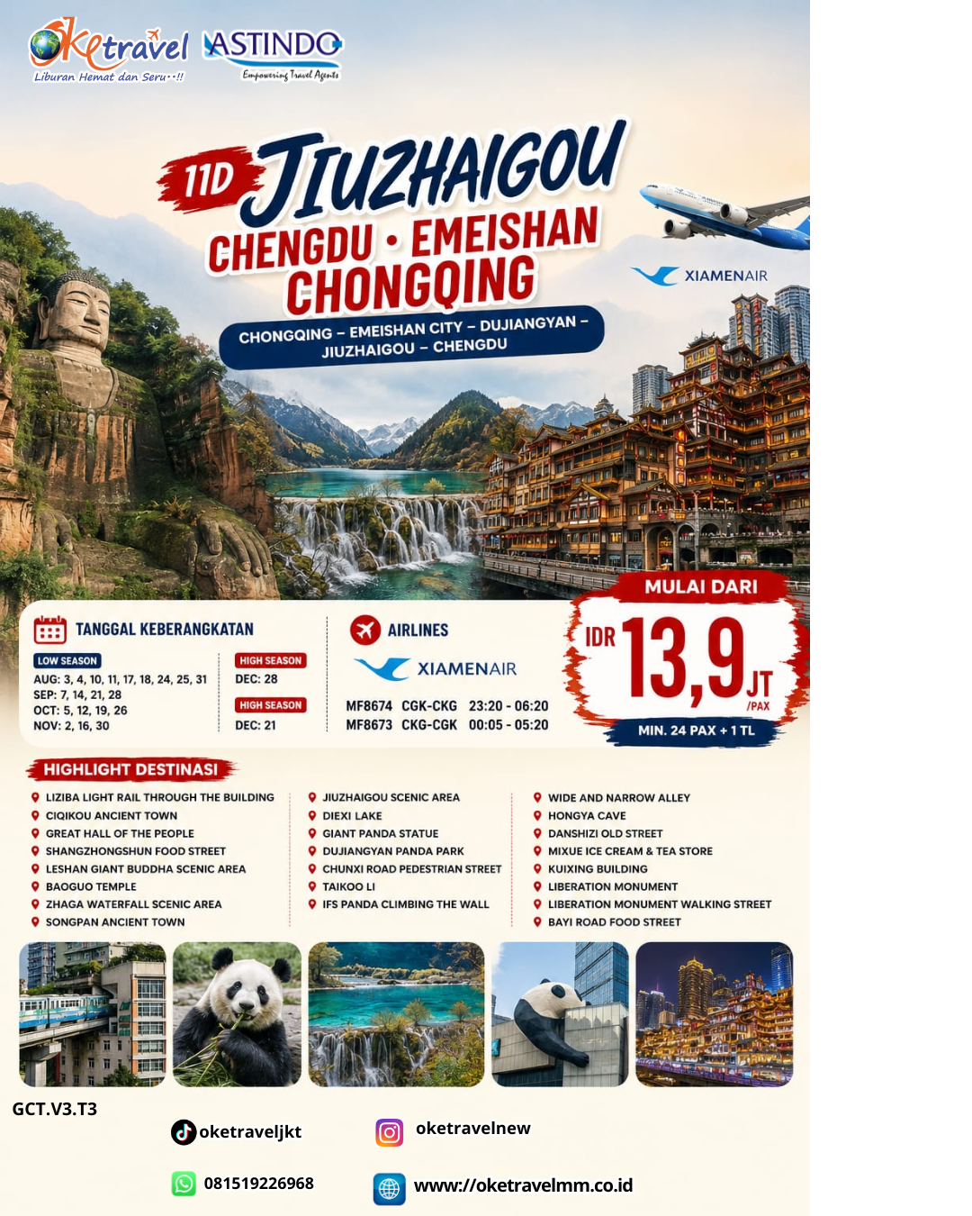 11D JIUZHAIGOU CHENGDU EMEISHAN | DEP: 03,04,10,11,17,18,24,25,31 AGUSTUS | DEP: 07,14,21,28 SEPTEMBER | DEP: 05,12,19,26 OKTOBER | DEP: 02,16,30 NOVEMBER | DEP: 21,28 DESEMBER 2026 | BY MF 