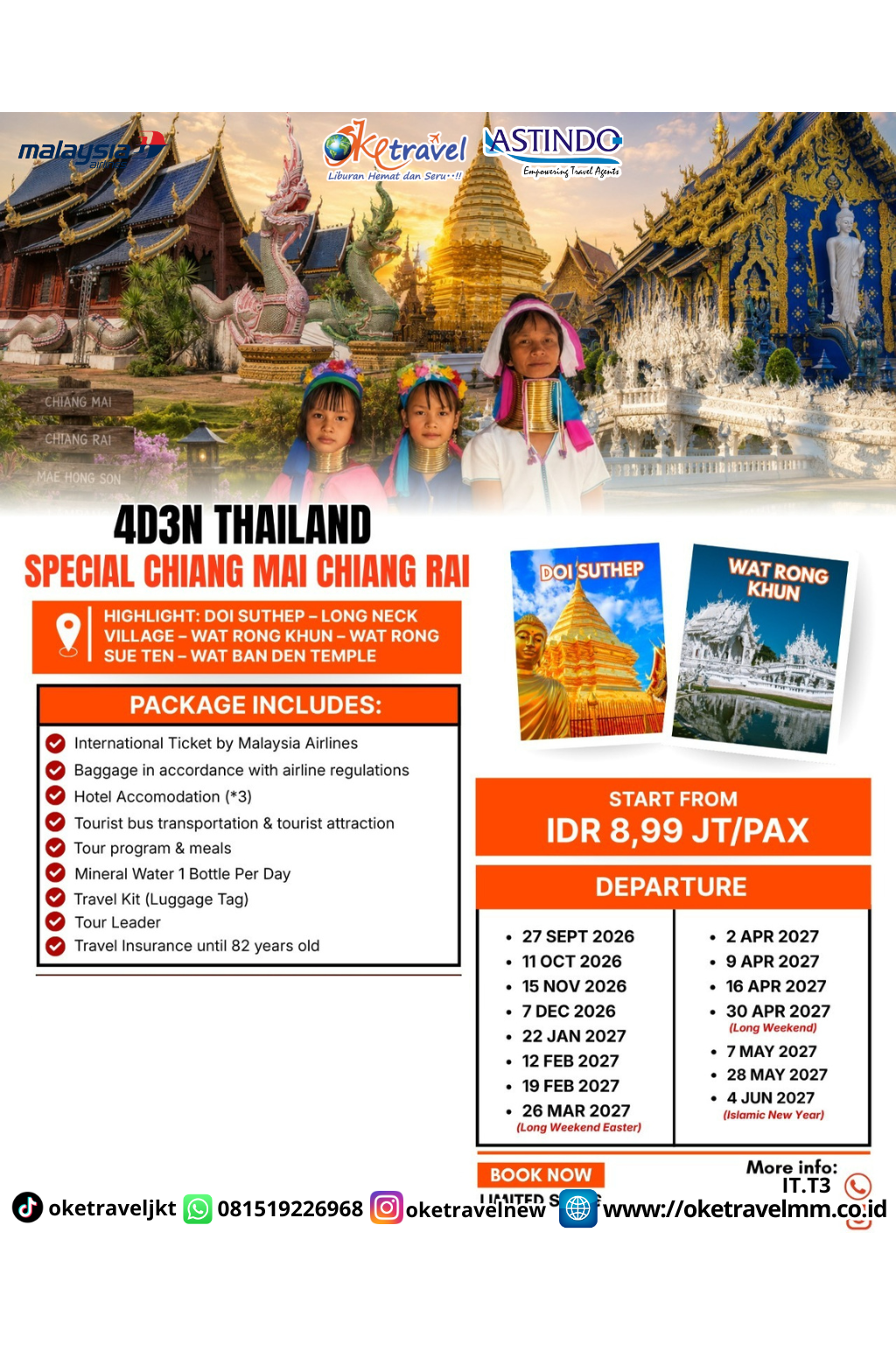 4D3N THAILAND SPECIAL CHIANG MAI CHIANG RAI | DEPT : 27 SEPT | DEPT : 11 OKT | DEPT : 15 NOV | DEPT : 07 DES 2026 | DEPT : 22 JAN | DEPT : 12,19 FEB | DEPT : 26 MAR | DEPT : 02,09,16,30 APRIL | DEPT : 07,28 MEI | DEPT : 04 JUNI 2027 | BY MH 