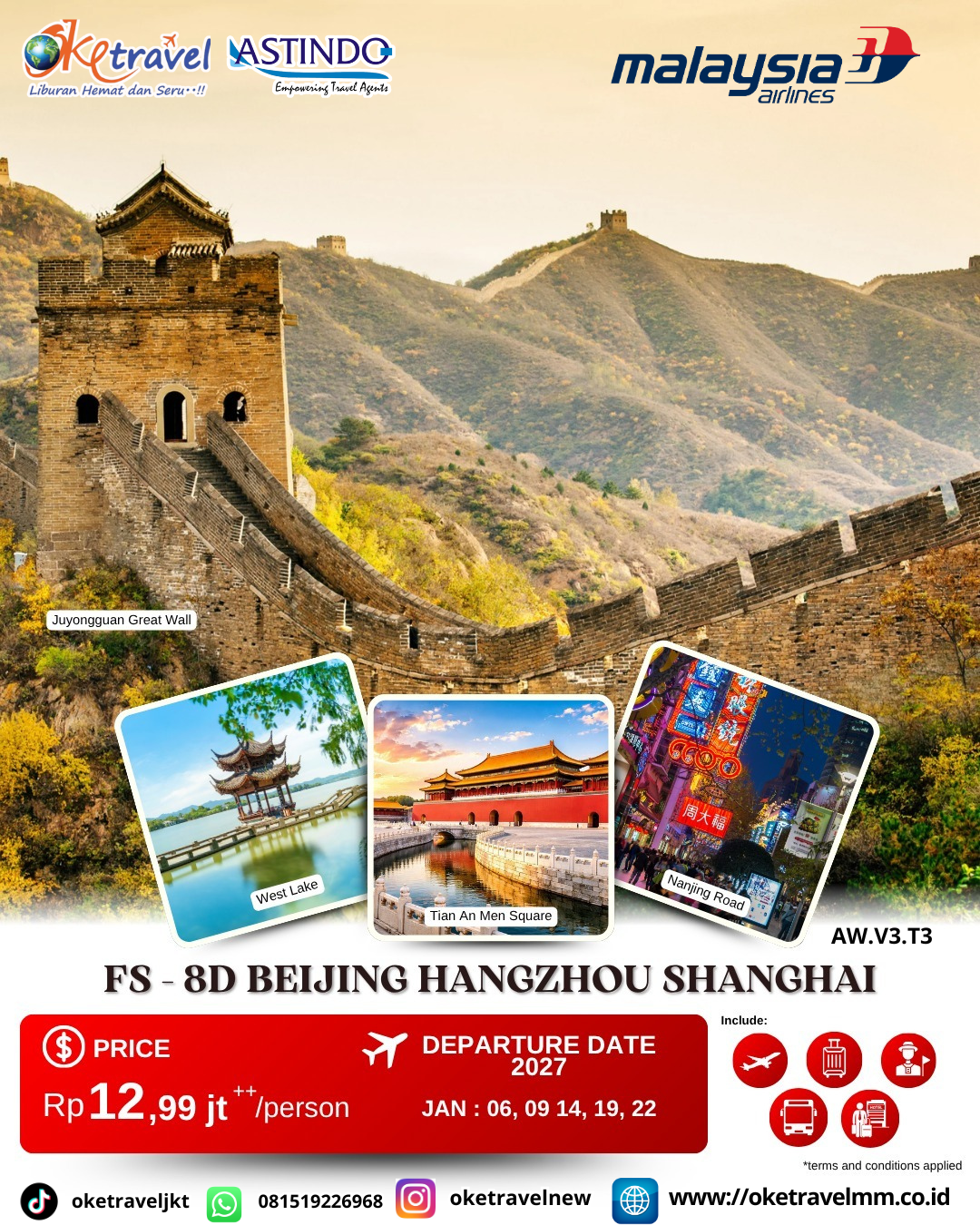 8D BEIJING HANGZHOU SHANGHAI | DEP: 06,09, 14,19,22 JAN 2027 | BY MH