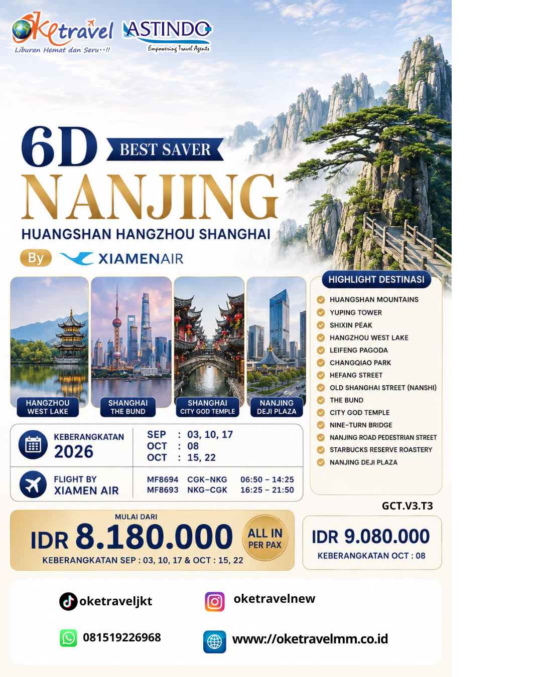 6D NANJING HUANGSHAN HANGZHOU SHANGHAI | DEP: 03,10,17 SEPTEMBER | DEP: 08,15,22 OKTOBER 2026 | BY MF