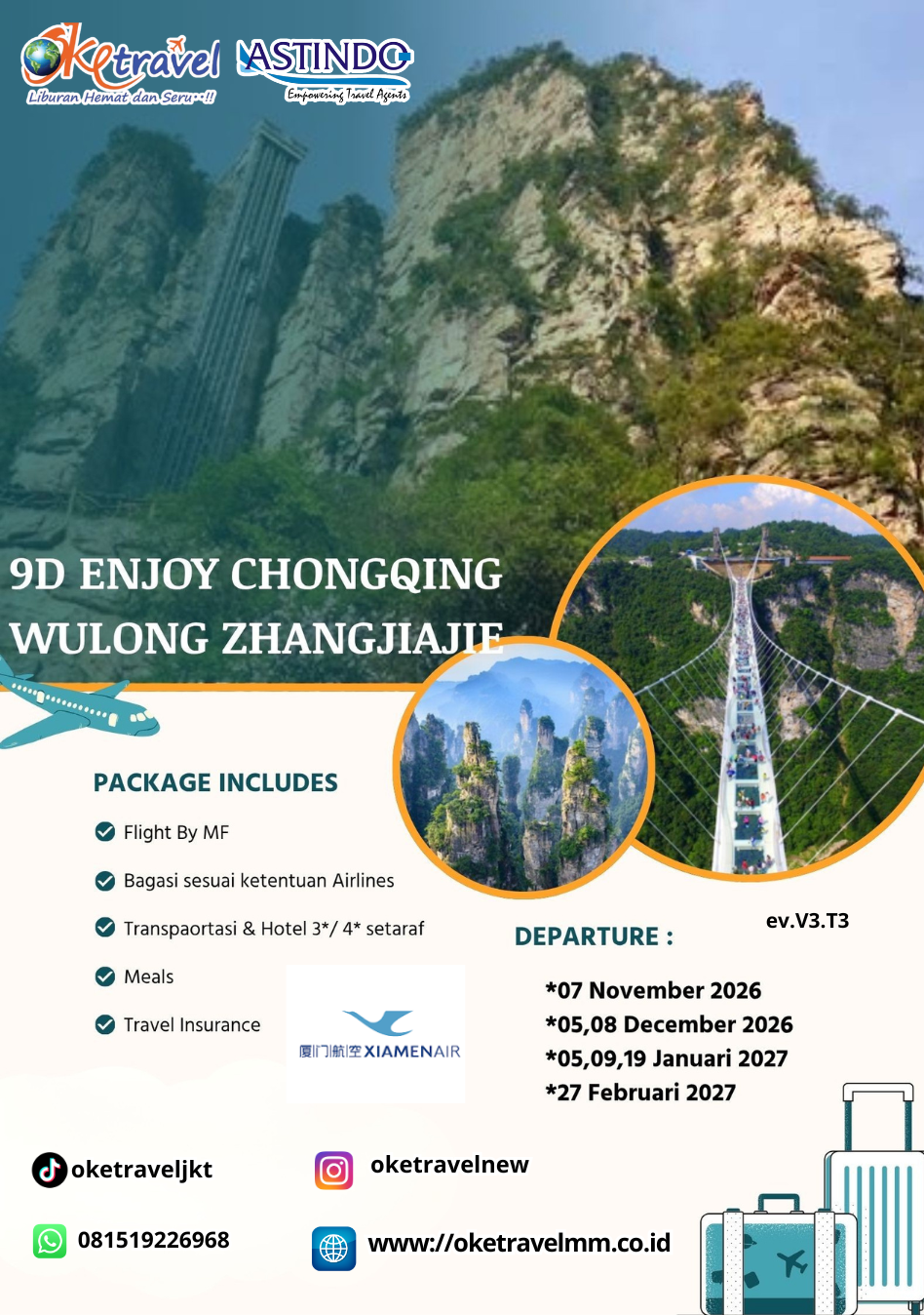 9D ENJOY CHONGQING WULONG ZHANGJIAJIE | DEP : 07 NOV | 05,08 DEC 2026 | 05,09,19 JAN 2027 | 27 FEB 2027 | BY MF