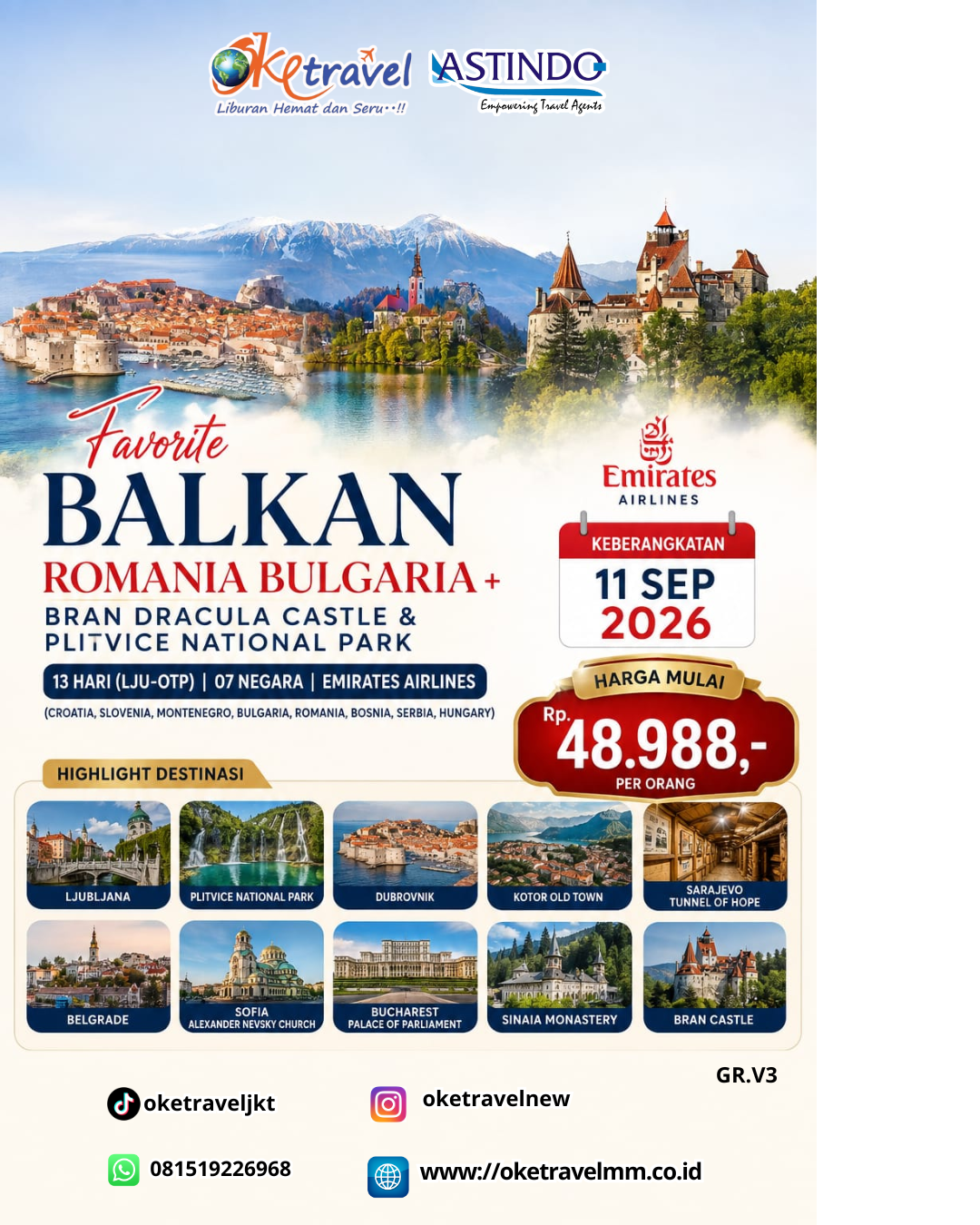 13D BALKAN ROMANIA BULGARIA + BRAN DRACULA CASTLE & PLITVICE NATIONAL PARK | DEP: 11 SEPTEMBER 2026 | BY EK