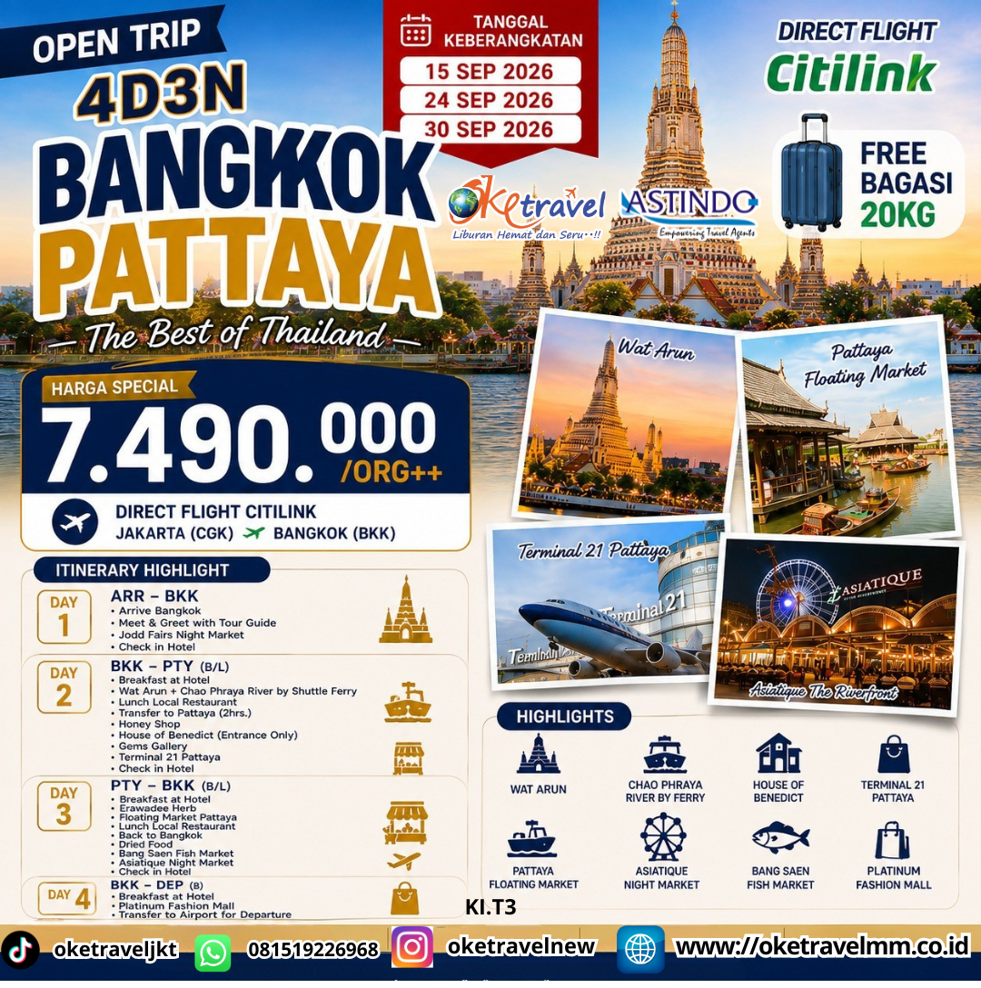 4D3N BANGKOK PATTAYA | DEP : 15, 24, 30 SEP 2026 | BY QG 