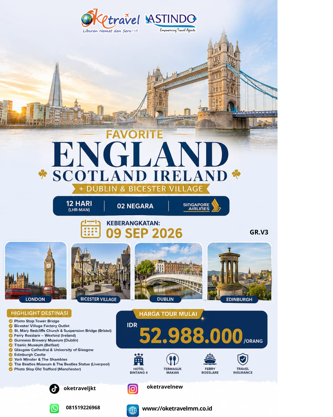 12D ENGLAND SCOTLAND IRELAND + DUBLIN & BICESTER VILLAGE | DEP: 09 SEPTEMBER 2026 | BY SQ