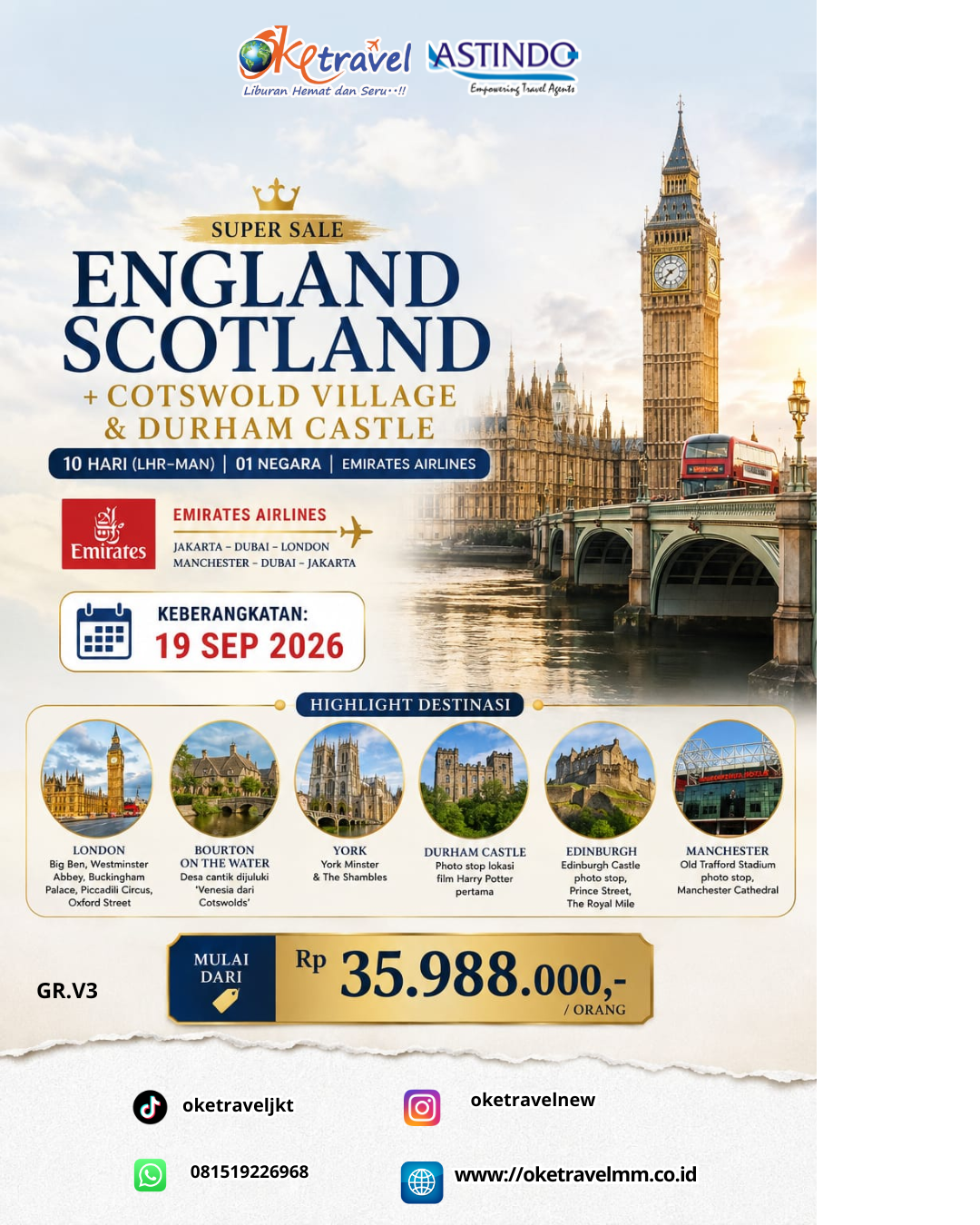 10D ENGLAND SCOTLAND + COSTWOLD VILLAGE & DURHAM CASTLE | DEP: 19 SEPTEMBER 2026 | BY EK