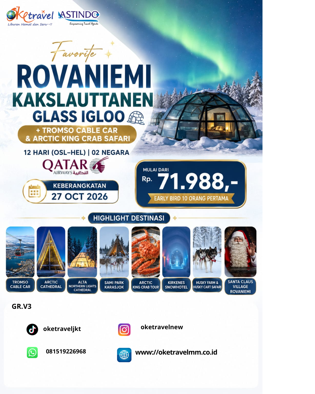 12D ROVANIEMI KAKSLAUTTANEN GLASS IGLOO + TROMSO CABLE & ARCTIC KING CRAB SAFARI | DEP: 27 OKTOBER 2026 | BY QR