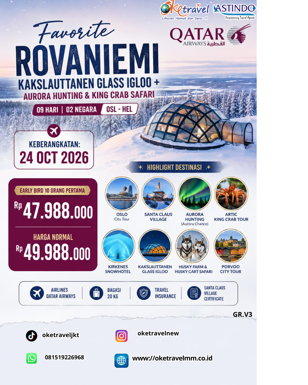 9D ROVANIEMI KAKSLAUTTANEN GLASS IGLOO + AURORA HUNTING & KING CRAB SAFARI | DEP: 24 OKTOBER 2026 | BY QR 