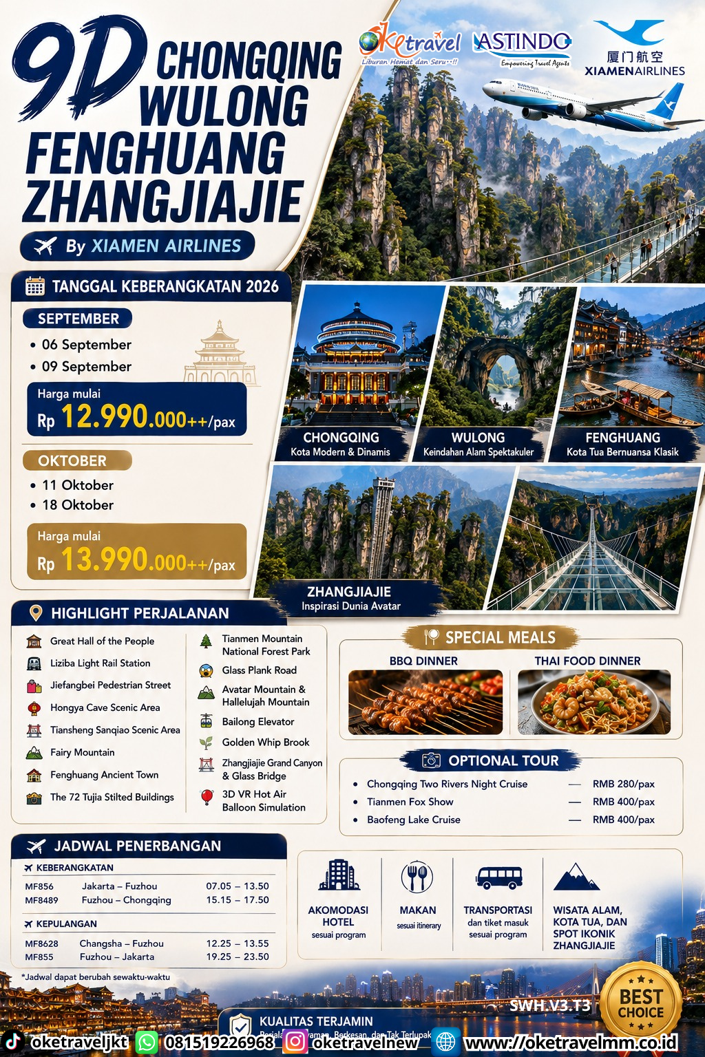 9D CHONGQING WULONG FENGHUANG ZHANGJIAJIE | DEPT : 06 & 09 SEPT | DEPT : 11 & 18 OKT 2026 | BY MF