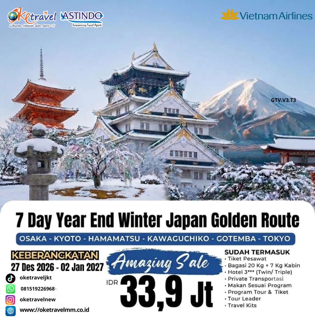 7D JAPAN WINTER GOLDEN ROUTE WITH KAWAGUCHIKO | DEP : 27 DEC 2026 - 02 NOV 2027 | BY VN 