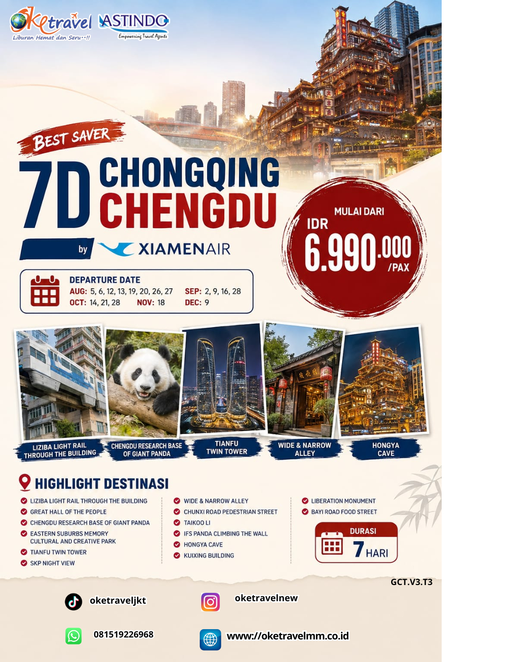 7D CHONGQING CHENGDU | DEP: 06,12,13,19,29,26,27 AGUSTUS | DEP: 02,09,16,23 SEPTEMBER | DEP: 14,21,28 OKTOBER | DEP: 18 NOVEMBER | DEP: 09 DESEMBER 2026 | BY MF
