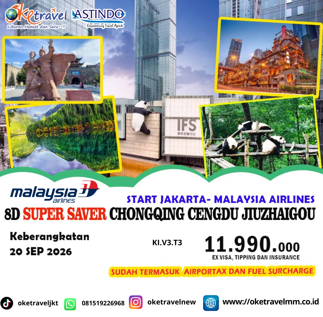 8D SUPER SAVER CHONGQING CHENGDU JIUZHAIGOU | DEP : 20 SEP 2026 | BY MH 