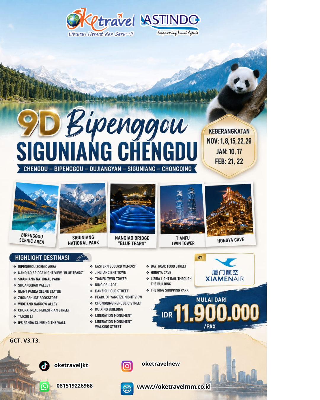 9D BIPENGGOU SIGUNIANG CHENGDU VIA FUZHOU | DEP: 01,08,15,22,29 NOVEMBER 2026 | DEP: 10,17 JANUARI | DEP: 21,22 FEBRUARI 2027 | BY MF