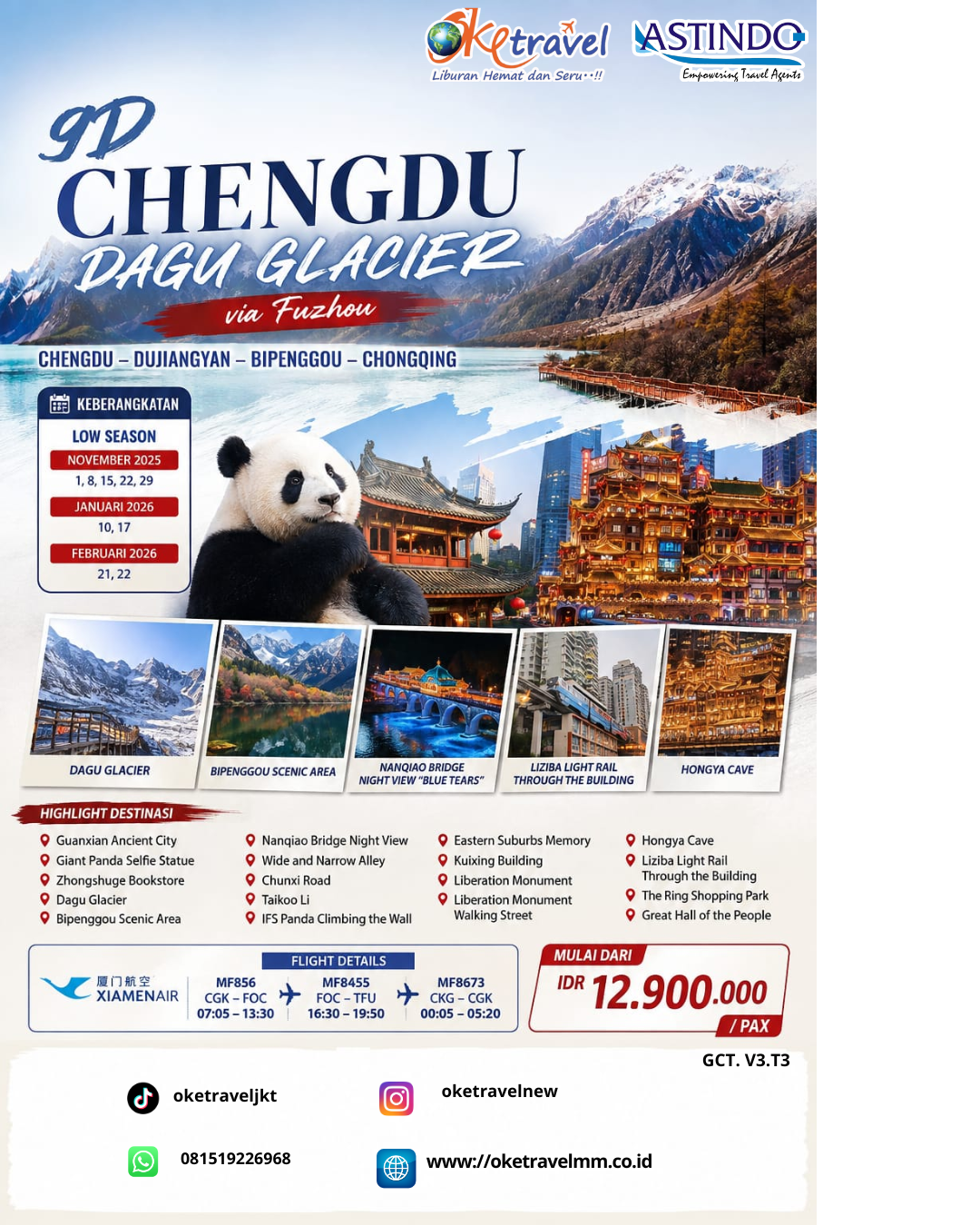 9D CHENGDU DAZU GLACIER VIA FUZHOU | DEP: 01,08,15,22,29 NOVEMBER 2026 | DEP: 10,17 JANUARI | DEP: 21,22 FEBRUARI 2027 | BY MF