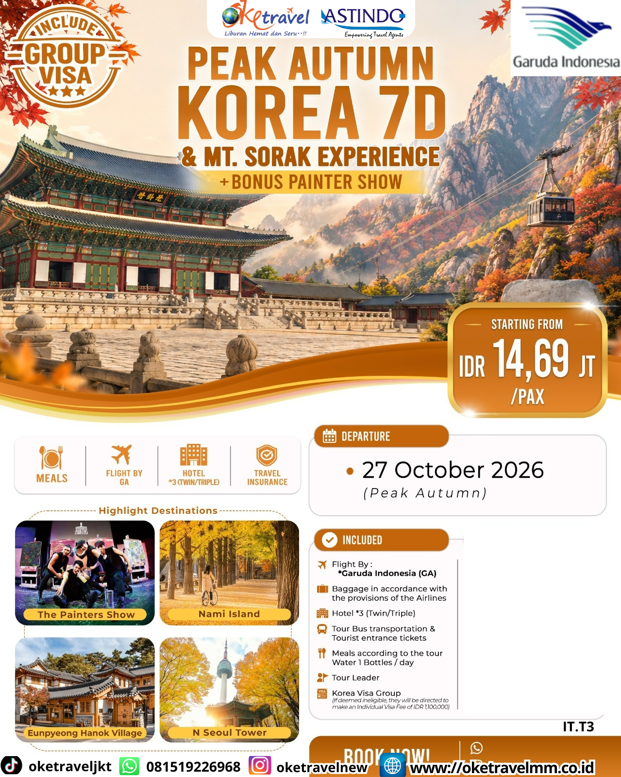 7D PEAK AUTUMN KOREA & MT. SORAK EXPERIENCE + BONUS PAINTER SHOW | DEPT : 27 OKT 2026 | BY GA 