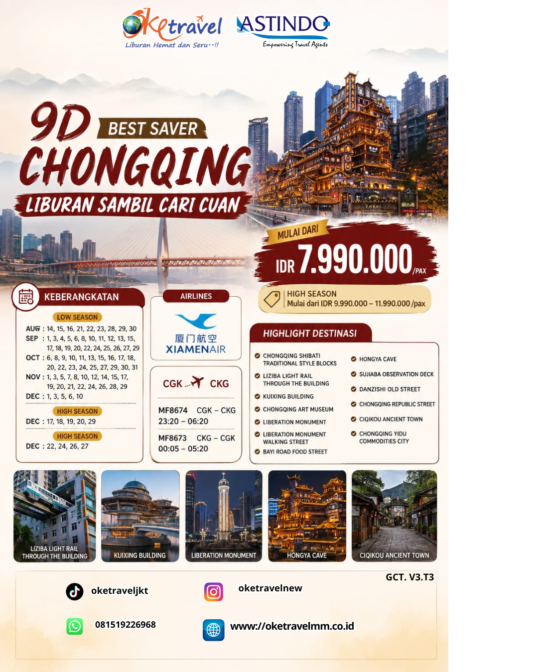 9D CHONGQING LIBURAN SAMBIL CARI CUAN | DEP: 14-16,21-23,28-30 AGUSTUS | 1,3-6,8,10-13,15,17,18-20,22,24-27,29 SEPTEMBER | DEP: 6,8-11,13,15-18,20,22-25,27,29-31 OKTOBER | DEP: 1,3,5,7,8,10,12,14,15,17,19-22,24,26,28,29 NOVEMBER | DEP: 1,3,5,6,10,17-20,22,24,26,27,29 DESEMBER 2026 | BY MF