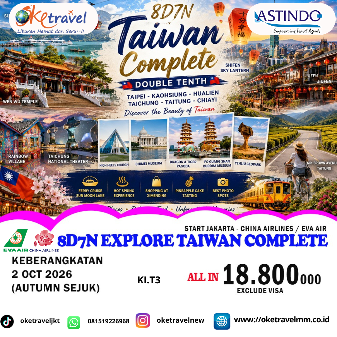 8D7N TAIWAN COMPLETE - DOUBLE TENTH | DEP: 02 OCT 2026 | BY CI & BR