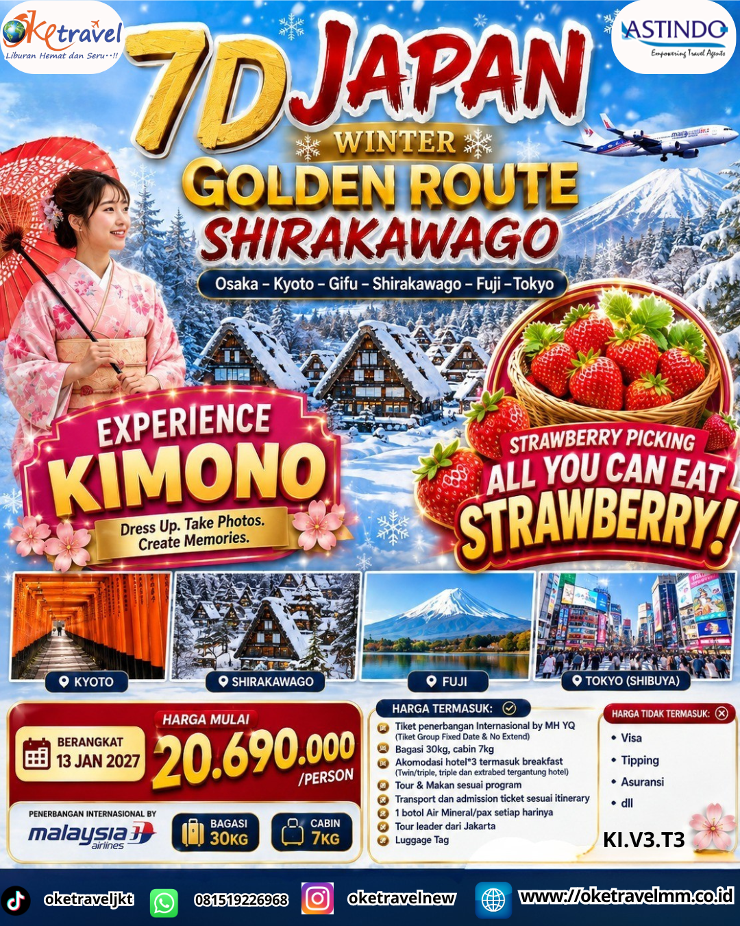 7D JAPAN WINTER GOLDEN ROUTE + SHIRAKAWAGO | DEP :13 JAN 2027 | BY MH