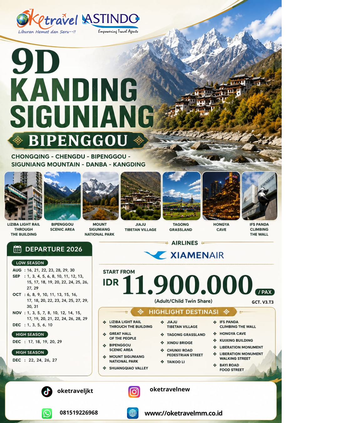 9D KANDING SIGUNIANG BIOENGGOU | DEP: 16,21-23,28-30 AGUSTUS | DEP: 1,3-6,8,10-13,15,17-20,22,24,25-27,29 SEPTEMBER | DEP: 6,8-11,13,15-18,20,22-25,27,29-31 OKTOBER | DEP: 1,3,5,7,8,10,12,14,15,17,19,20-22,24,26,28-29 NOVEMBER | DEP: 1,3,5-6,10,17-20,22,24,26-27,29 DESEMBER 2026 | BY MF